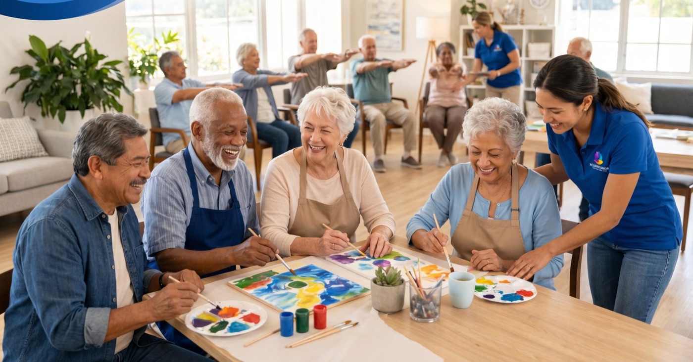 Adultos mayores disfrutando actividades juntos en centro de día
